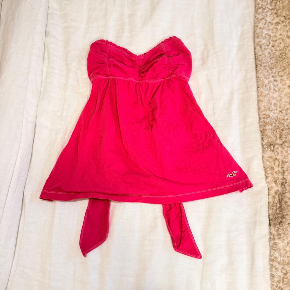 Vintage Hollister Hot Pink Strapless Babydoll Top Y2K Bow Back Ruffl Small